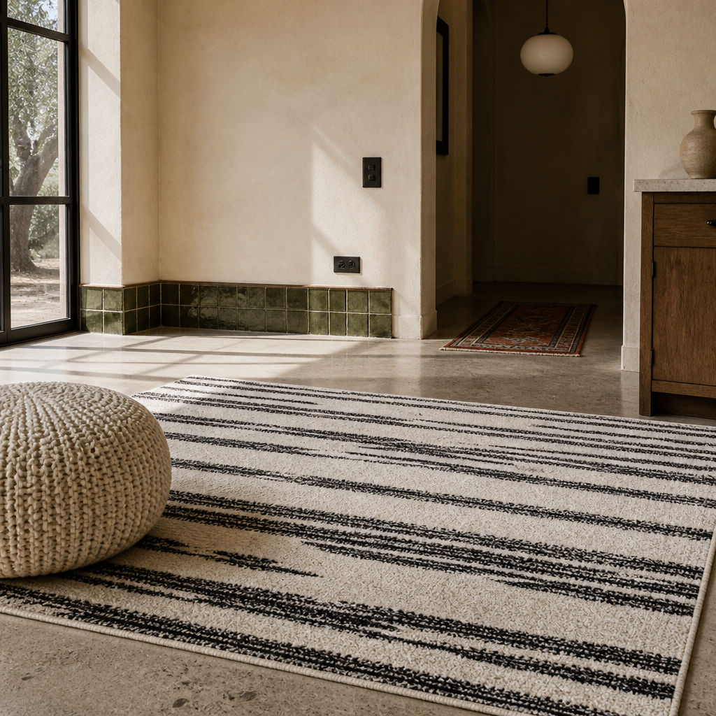 Knitted pouf resting on the cream striped rug