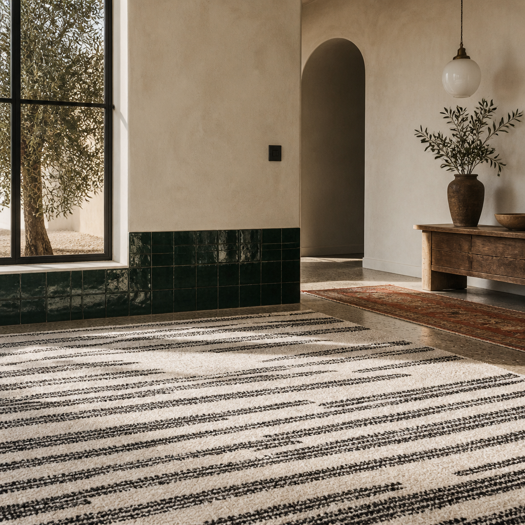 Close view of the rug pile and charcoal dashes