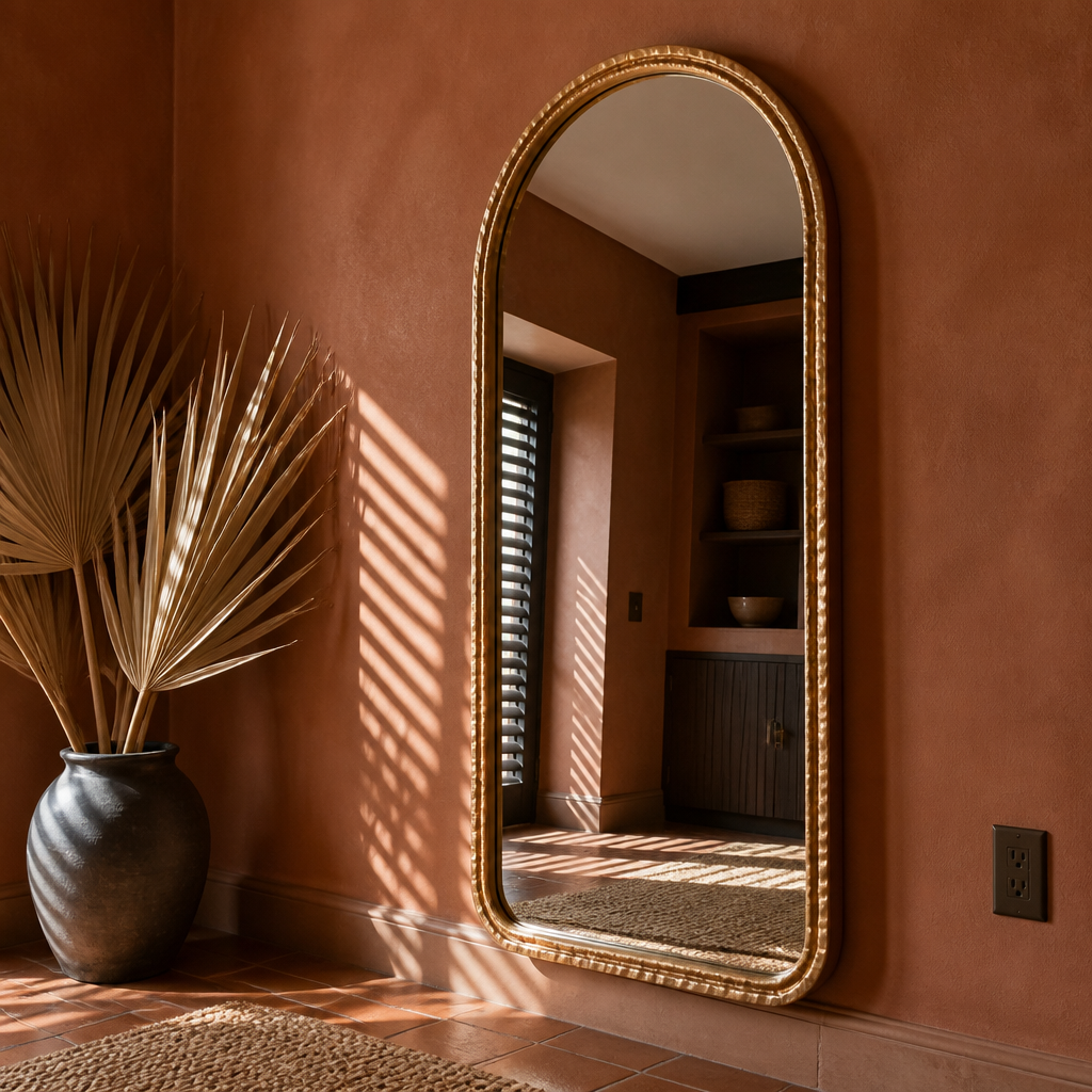Arched gold mirror seen from three quarters