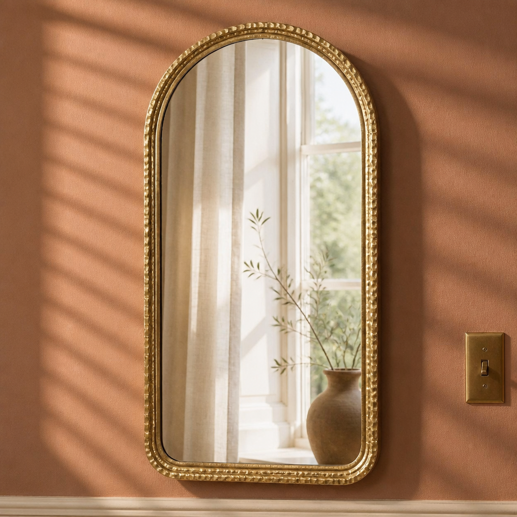 Arched hammered gold wall mirror, 33 by 17 inches