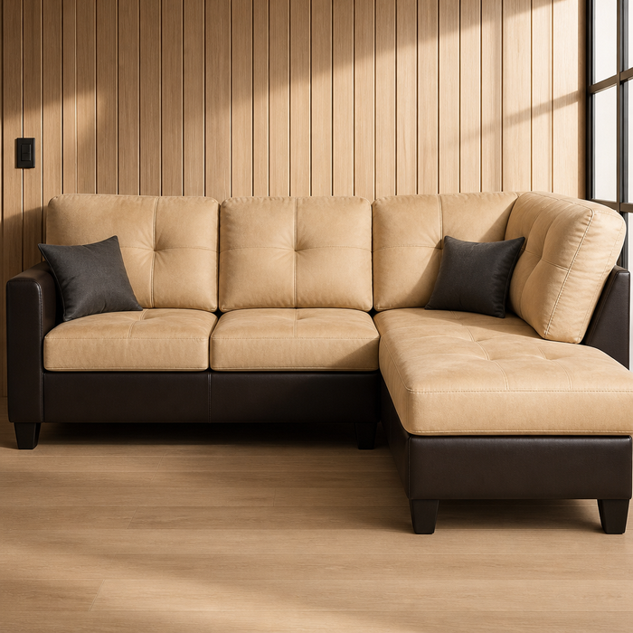 Beige and espresso L shaped sectional sofa