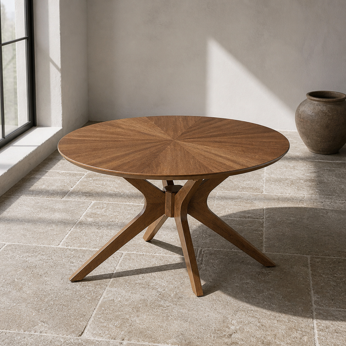 Crossroads Walnut Coffee Table, round sunburst ash veneer top on a three leg intersecting timber base