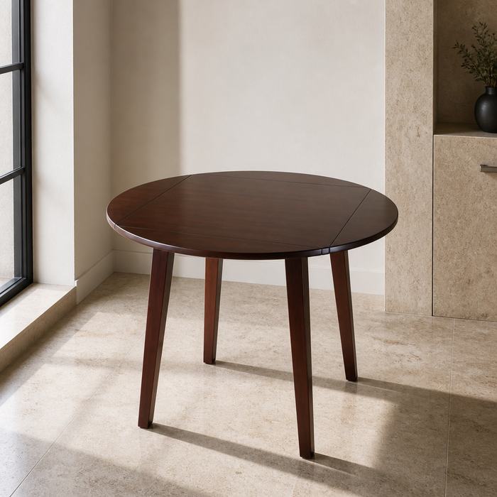 Dawson Walnut Dining Table, round drop leaf top in walnut stained rubberwood