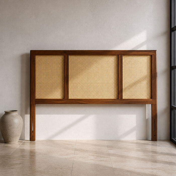 Delmare Rattan Headboard in walnut stained rubberwood with woven cane panels