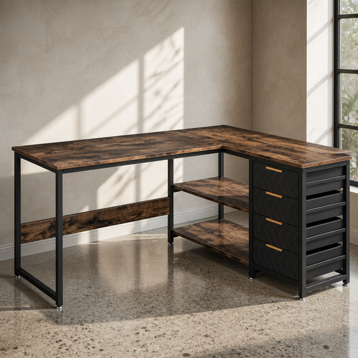 L shaped reversible corner desk with four fabric drawers and two open shelves, rustic brown top with black steel frame