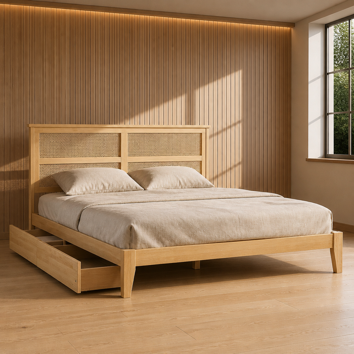 Dejon Vintage Rattan Bed Frame in natural rubberwood with cane headboard and storage drawers