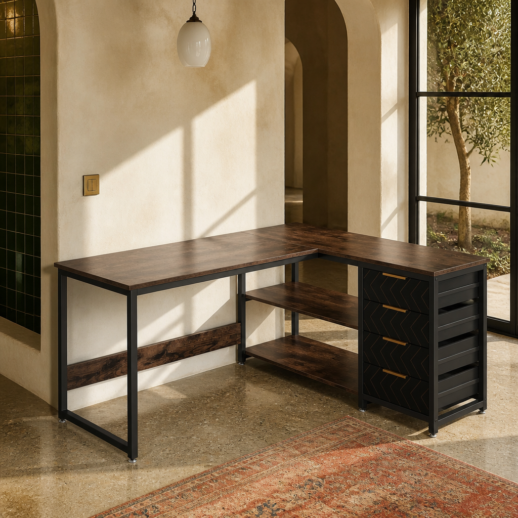 Corner desk in Chocolate, rustic dark brown top with black frame and black drawers