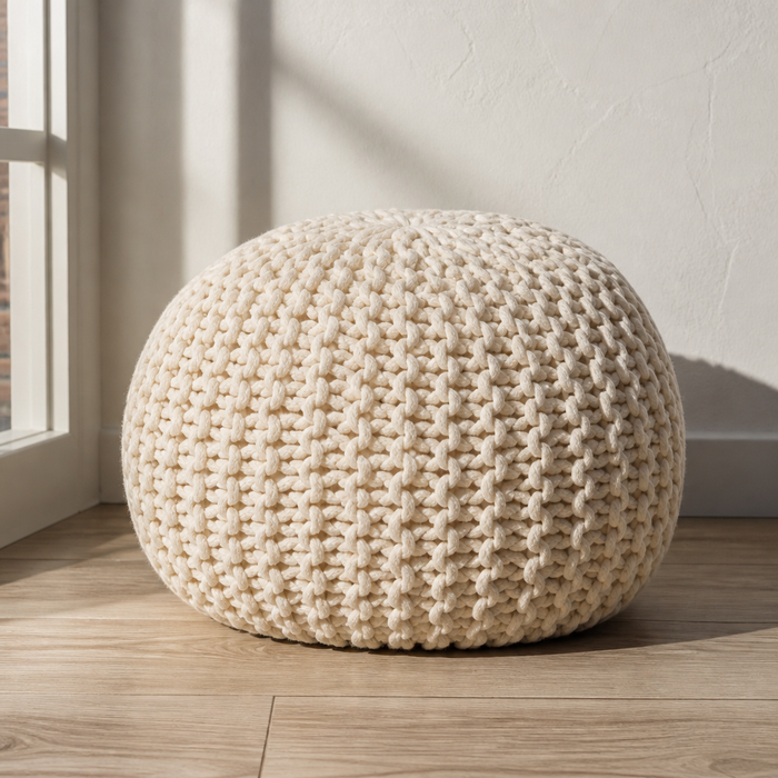 Cylindrical Boho Cotton Ottoman, hand knitted ivory cotton cord pouf