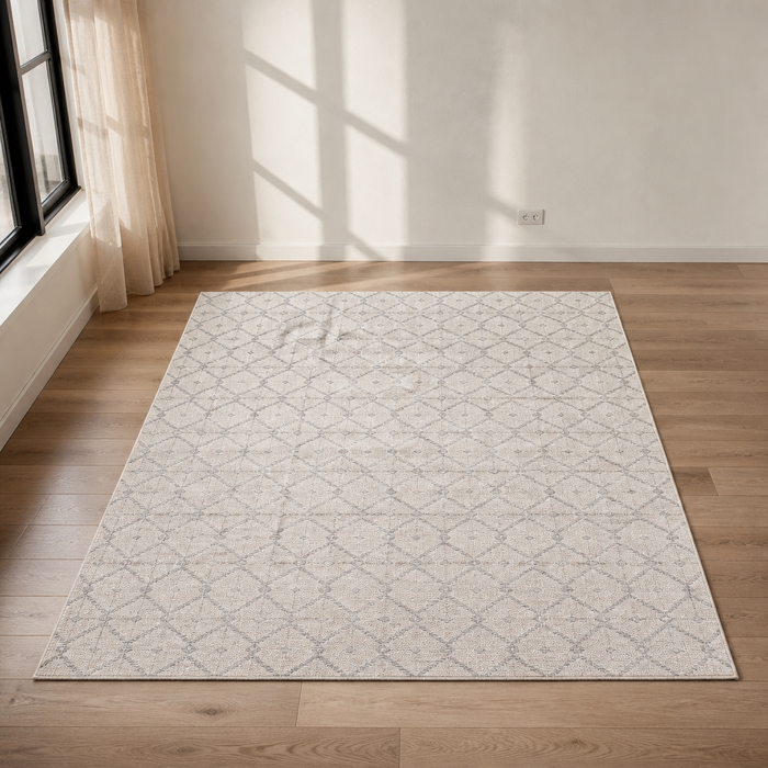 Diamond Boho Rug in cream and grey, close product portrait on a white oak floor