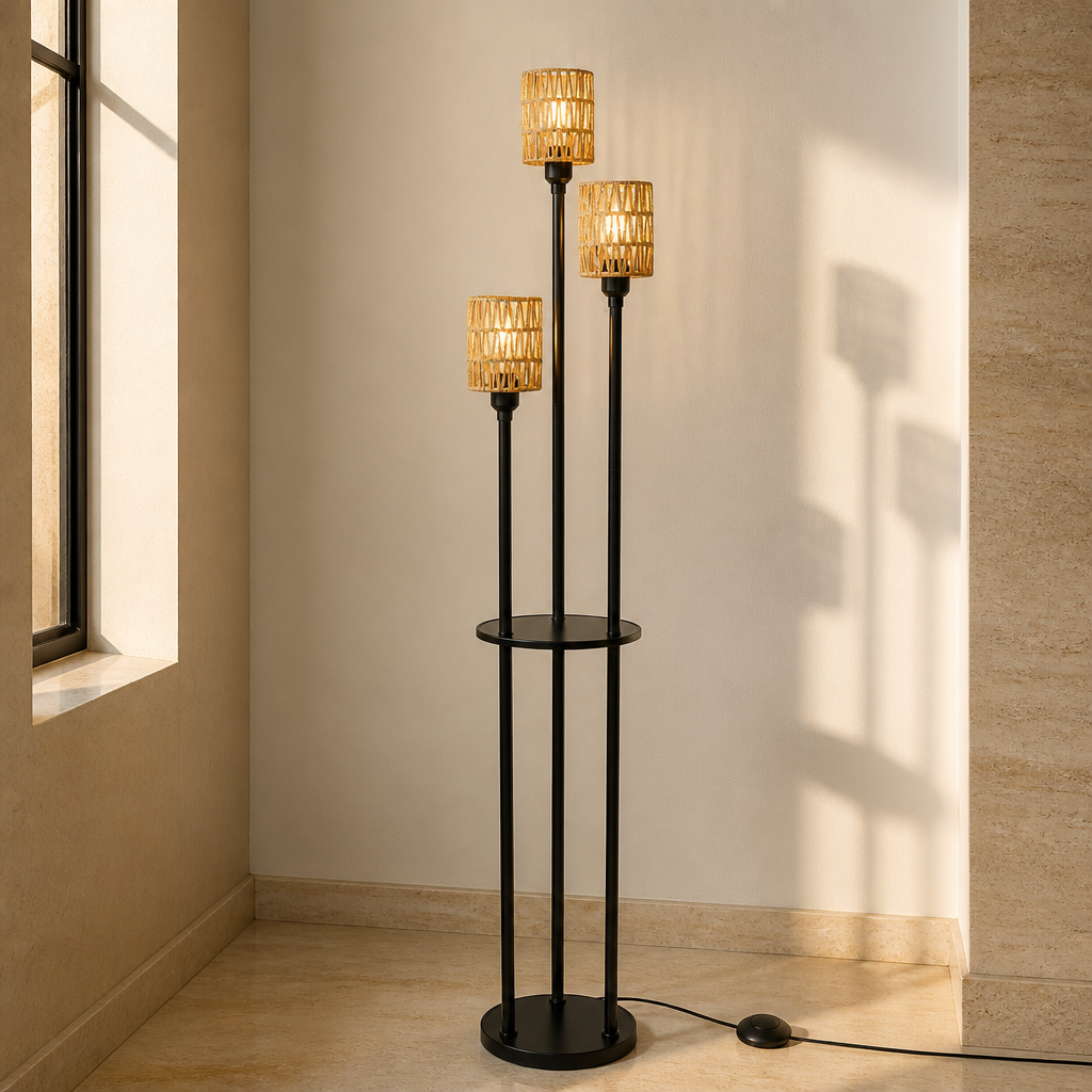 Farmhouse rattan floor lamp with three woven shades, close product portrait