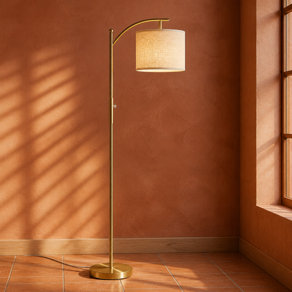 Brushed gold linen shade floor lamp, close product portrait