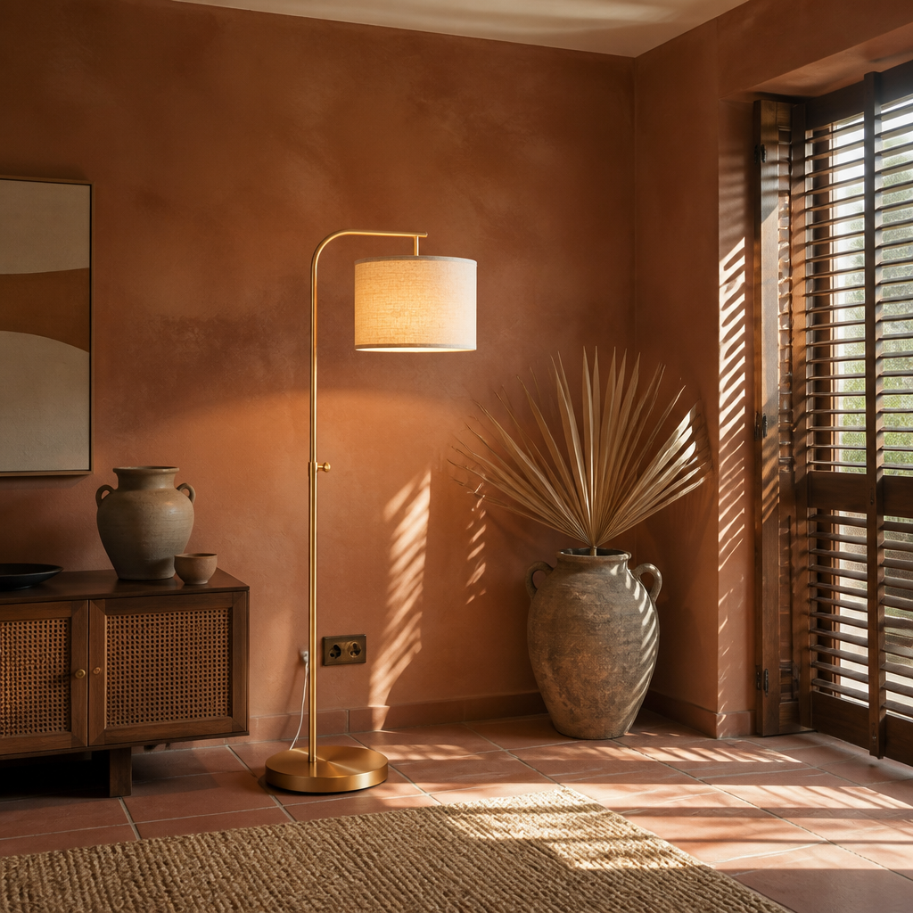 Modern linen floor lamp arching over a terracotta room