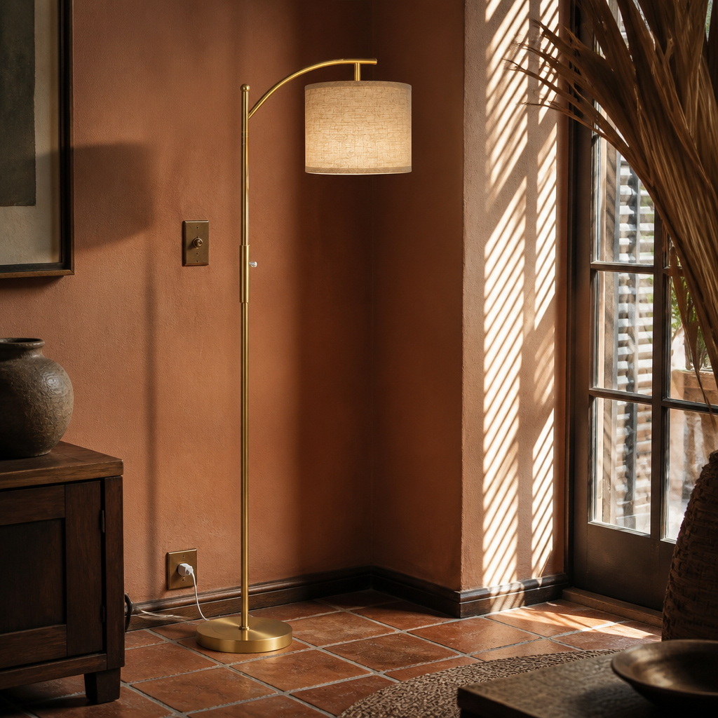 Brushed gold floor lamp seen three quarter on against rust clay plaster