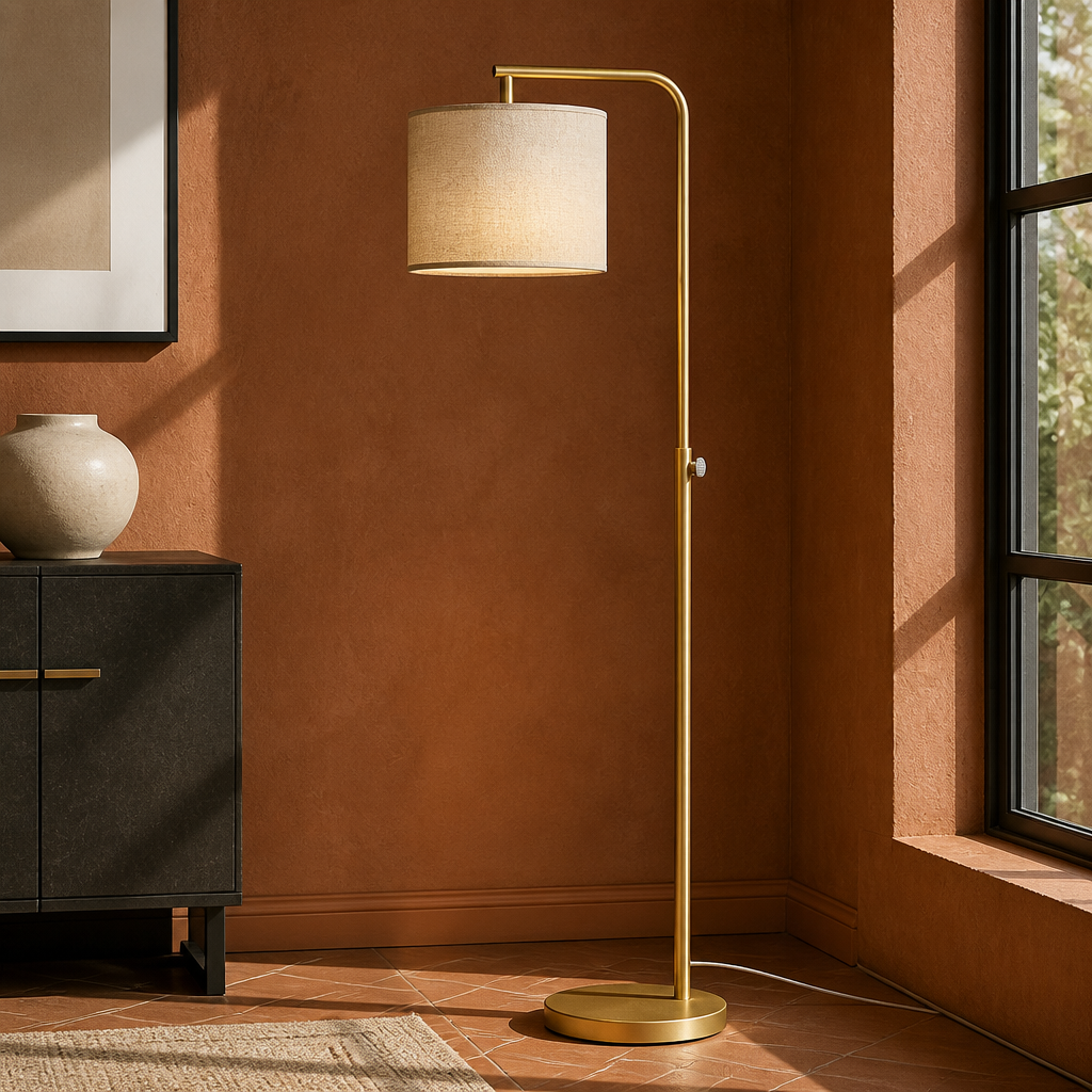 Close detail of the natural linen shade weave and brushed gold arm