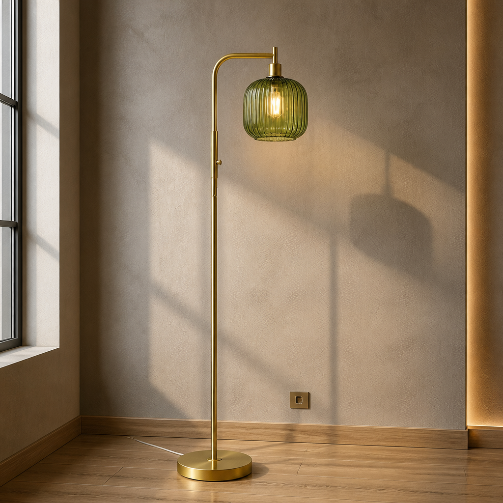 Green ribbed glass and brass floor lamp, close product portrait