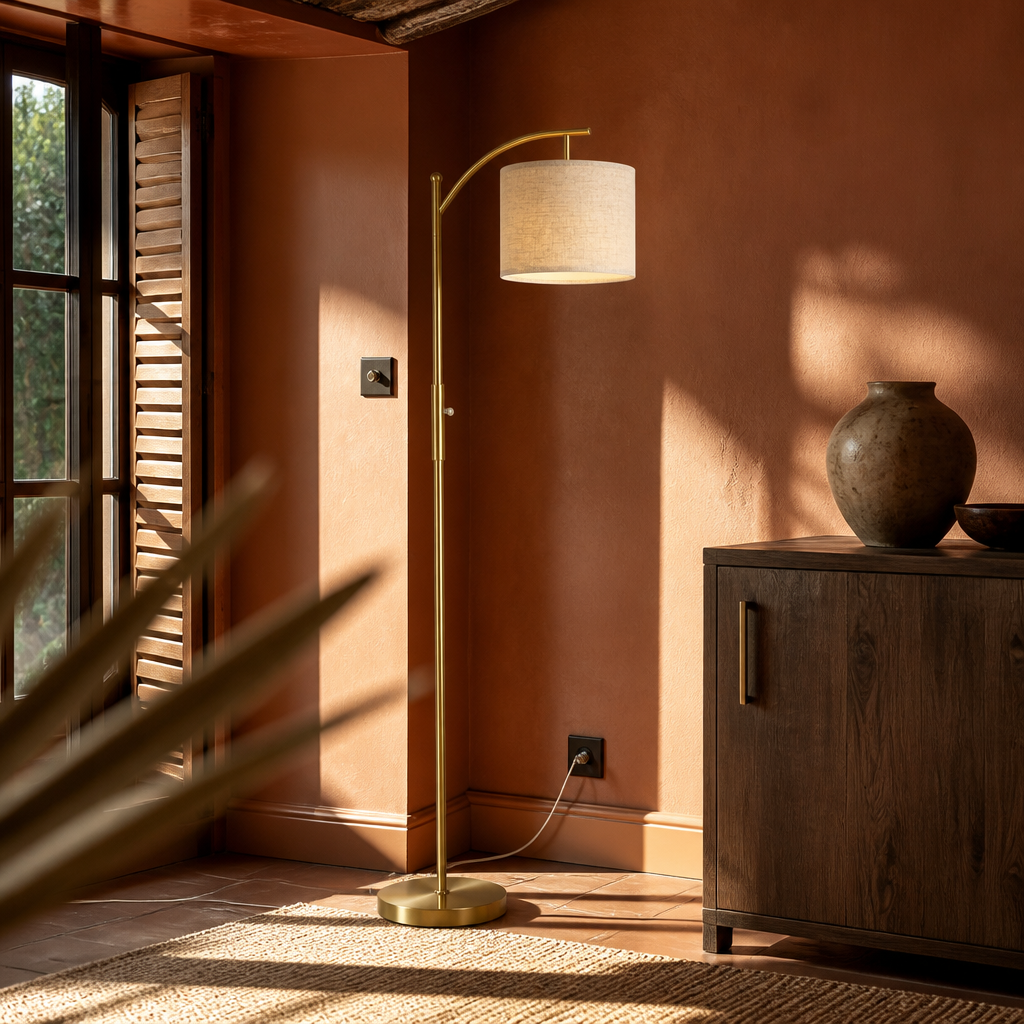 Linen floor lamp lit in the corner of a terracotta interior