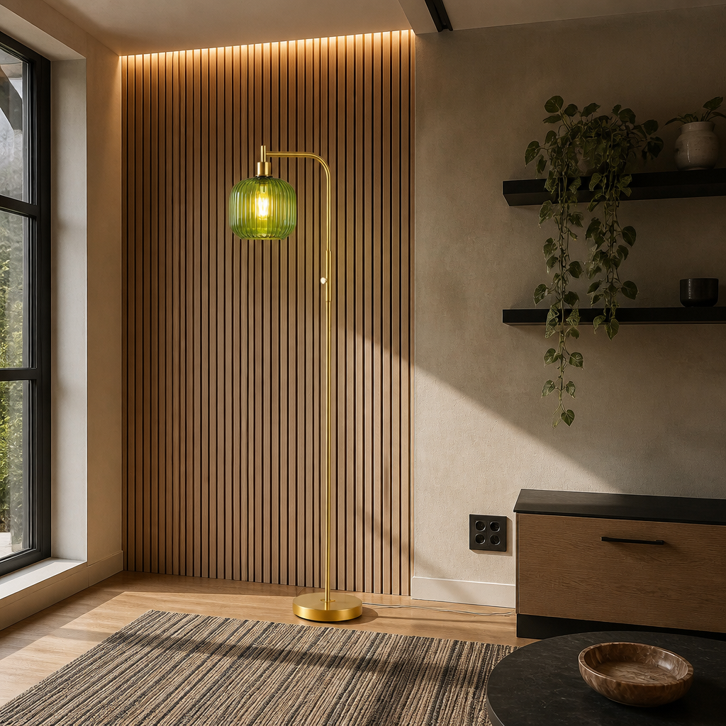 Vintage glass floor lamp lit beside an oak slat wall