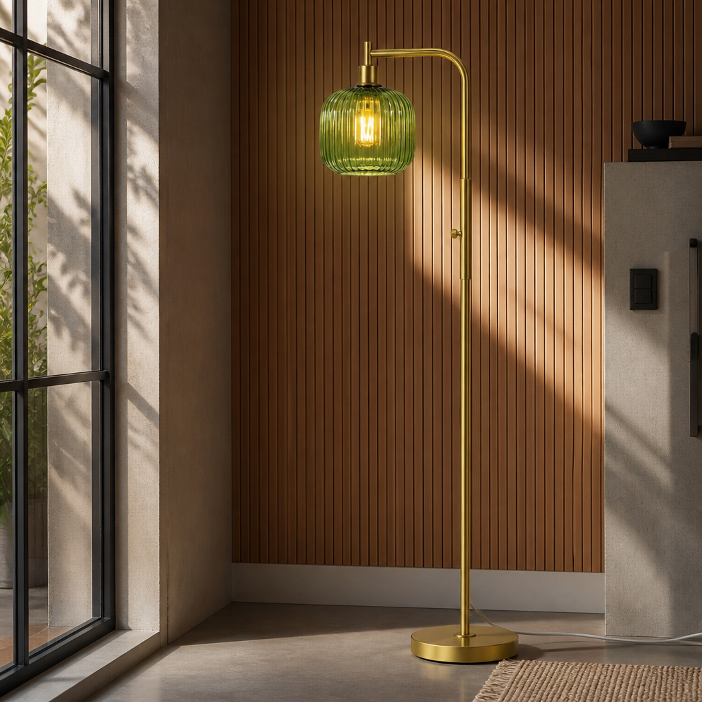 Close detail of the ribbed olive green glass shade and brass arm