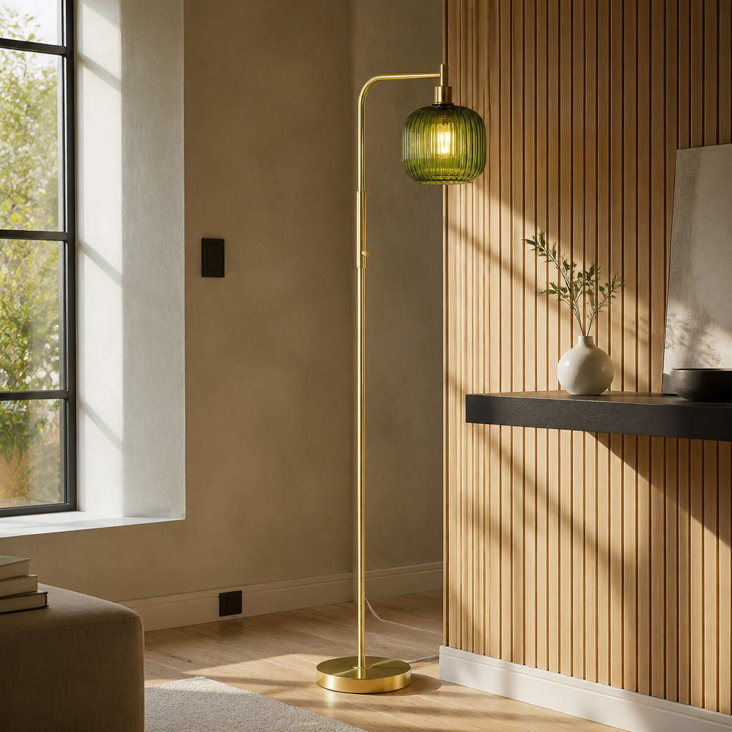 Brass arc lamp with green glass shade seen three quarter on