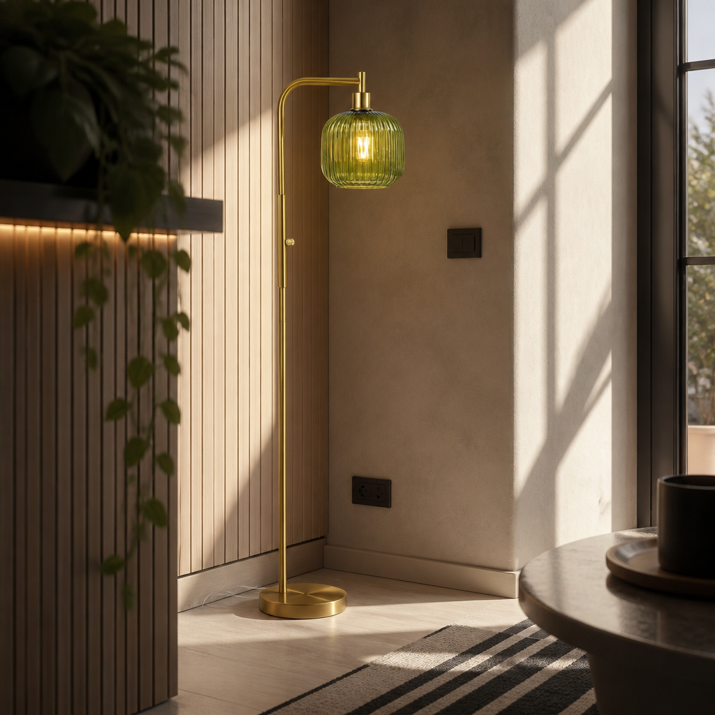 Green glass floor lamp glowing in a microcement corner