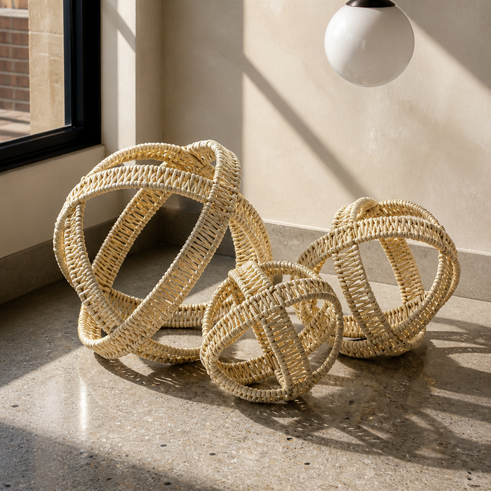 Set of three woven natural fibre orb sculptures, close product portrait