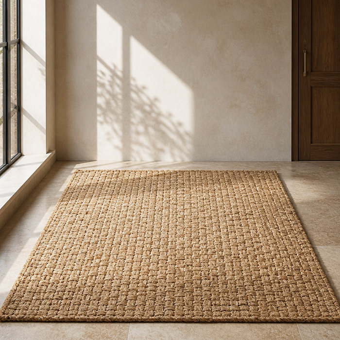 Chunky jute boucle rug in natural fibre, close product portrait