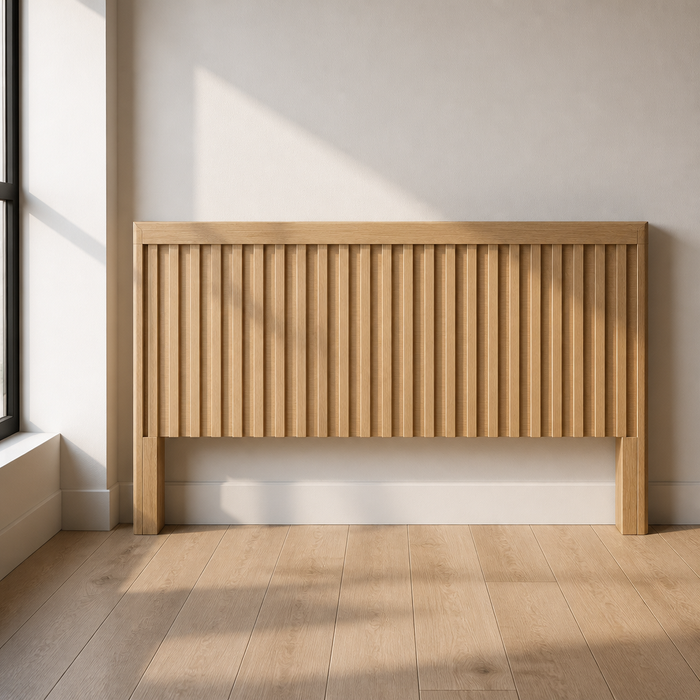Fluted light oak headboard panel, close product portrait