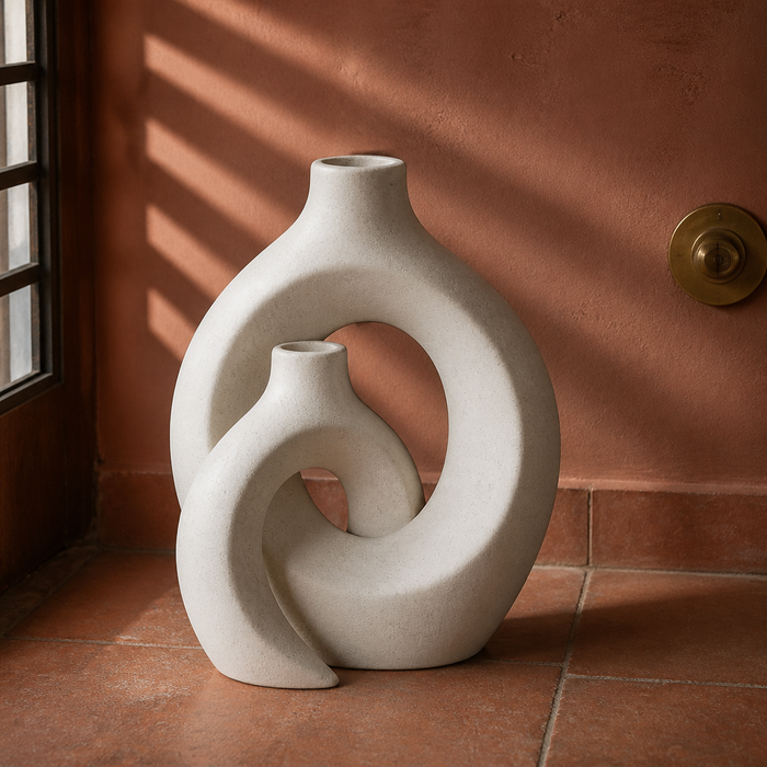 European Ceramic Vase shown full view in a terracotta interior