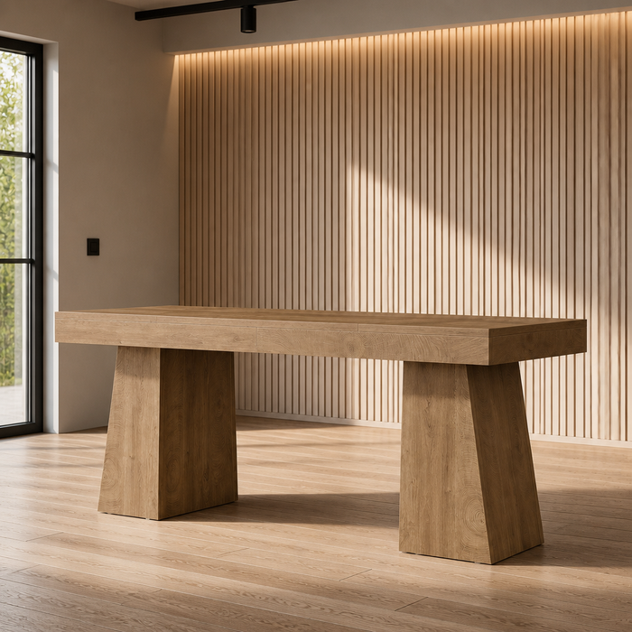 Executive Minimalist Wood Desk shown full view in an oak slat and microcement interior