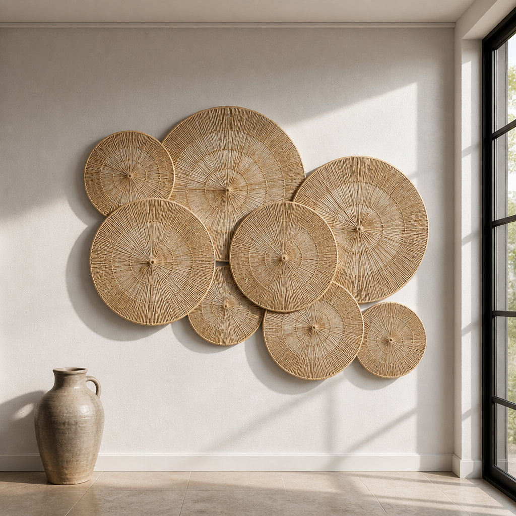 Extra Boho Rattan Storage Basket shown full view in a chalk and limestone interior