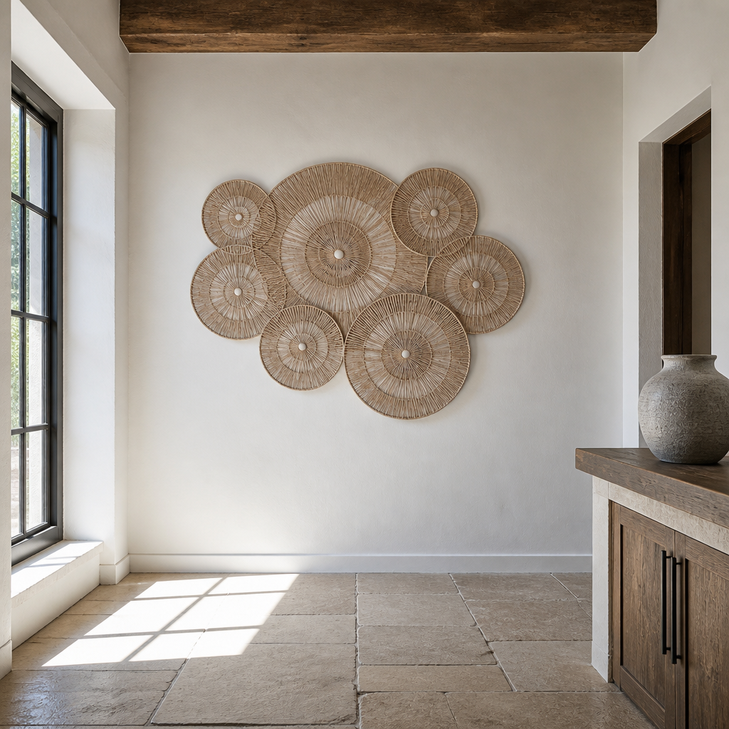 Extra Boho Rattan Storage Basket styled in a chalk and limestone room