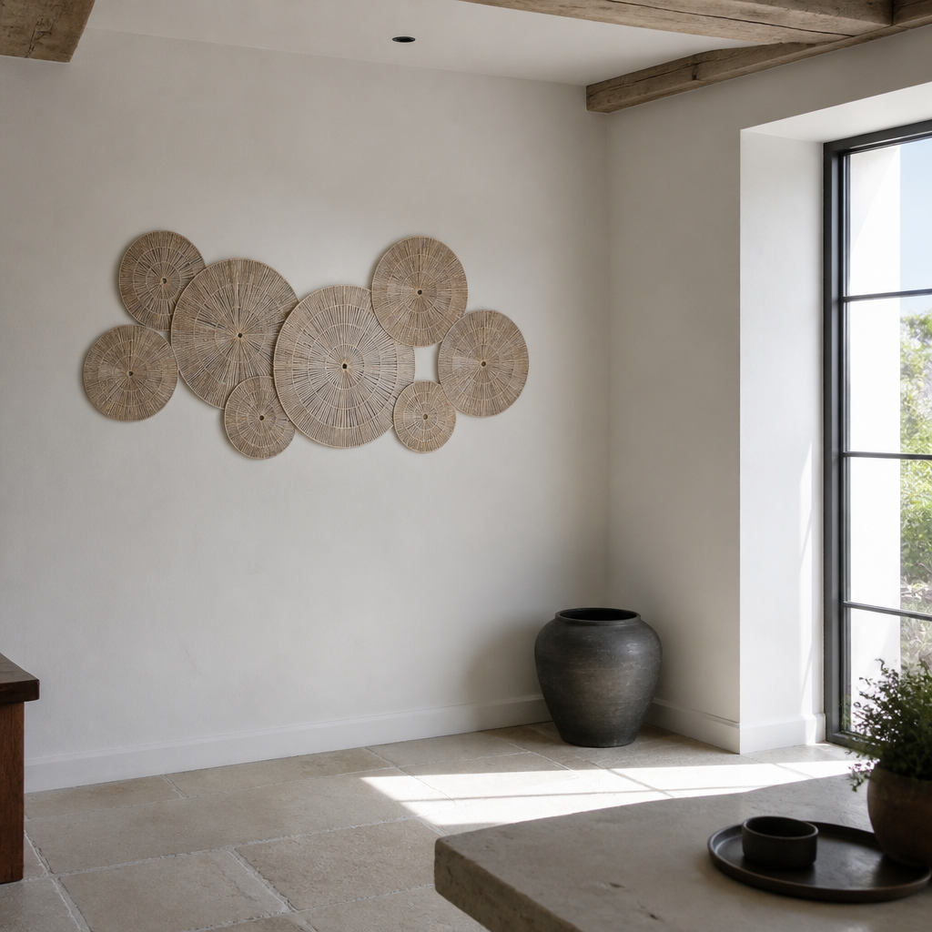 Extra Boho Rattan Storage Basket in a second chalk and limestone interior setting