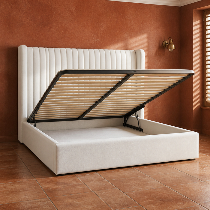 Fabric Bed Frame in ivory velvet with the storage deck raised, terracotta interior