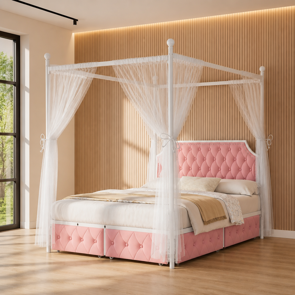 Fabric Beige Bed Frame in pink velvet, full canopy bed view in an oak slat interior