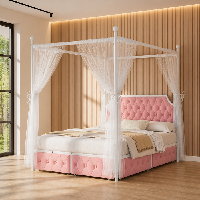 Fabric Beige Bed Frame in pink velvet, full canopy bed view in an oak slat interior