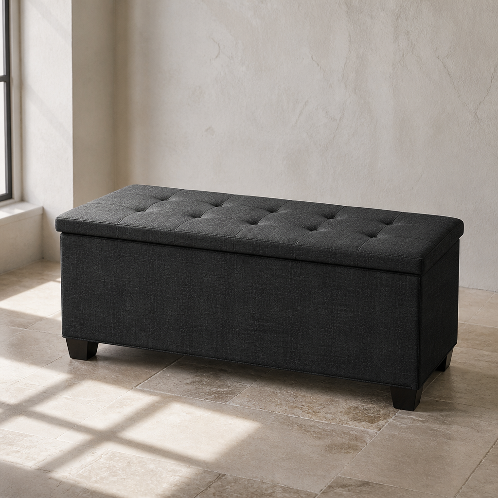 Fabric Black Ottoman, charcoal upholstered storage bench with tufted lid and dark wood feet