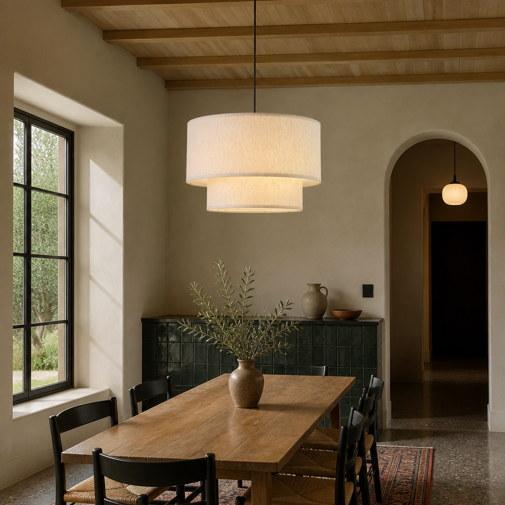 Linen double drum pendant light hanging over a dining table