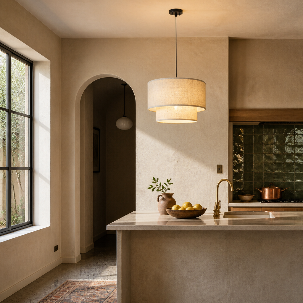 Linen double drum pendant light lit above a kitchen island