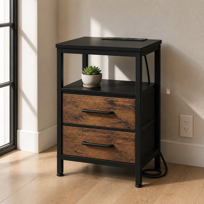 Fabric Nightstand, two drawer bedside table with open shelf and black steel frame