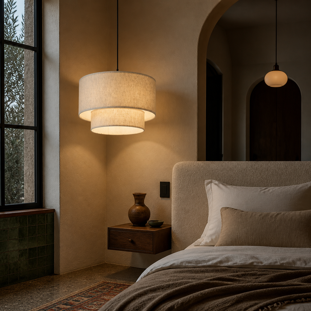 Linen double drum pendant light hung low beside a bed