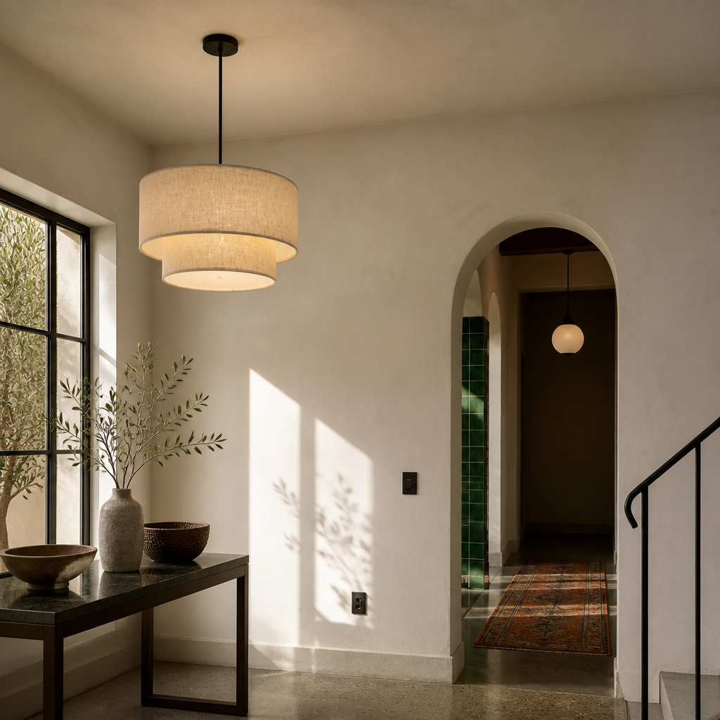 Linen double drum pendant light in an entry hall