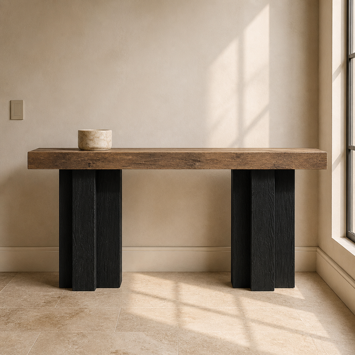 Farmhouse Black Console Table, thick rustic brown slab top on two black stepped pedestal legs