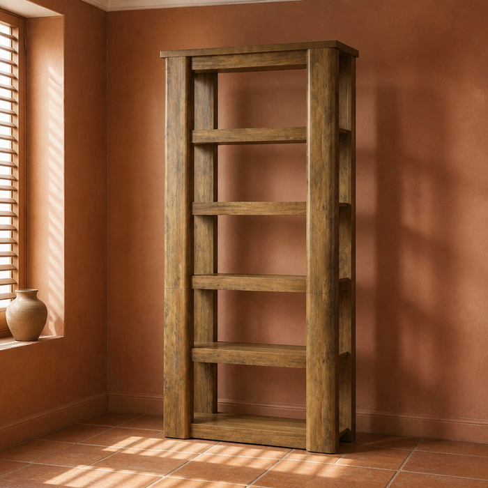 Farmhouse Brown Bookshelf, six tier open rustic brown bookcase with cut out side panels