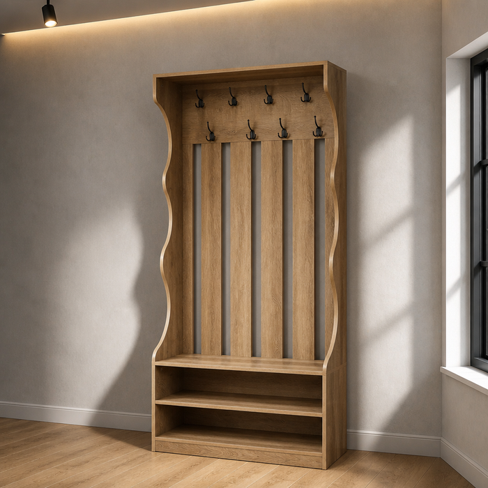 Farmhouse Brown Coat Rack, oak hall tree with hooks, bench seat and two shoe shelves