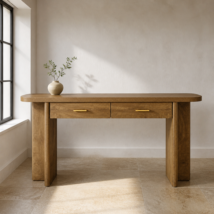 Farmhouse Brown Console Table, honey brown wood console with rounded ends and brass pulls
