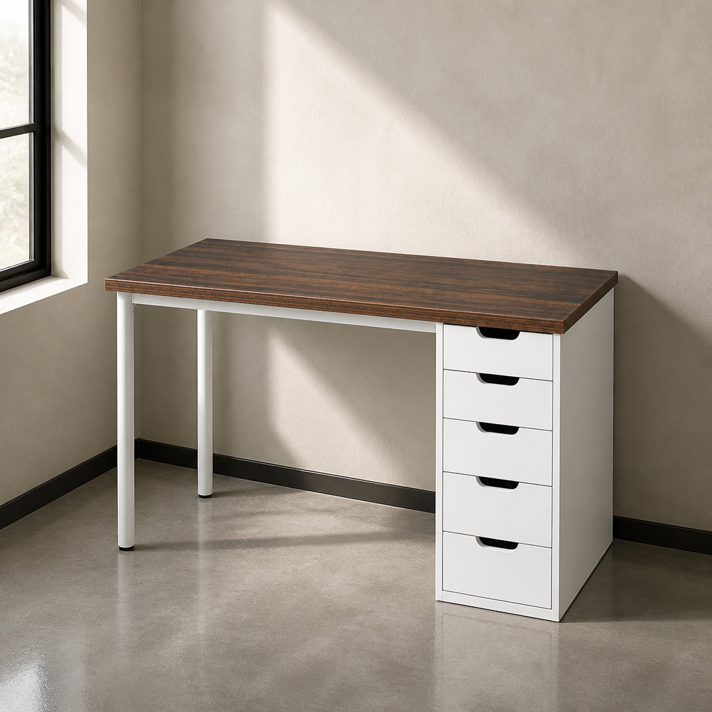 Farmhouse Brown Desk, walnut top desk on white steel legs with a white five drawer pedestal