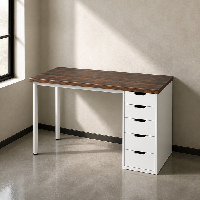 Farmhouse Brown Desk, walnut top desk on white steel legs with a white five drawer pedestal