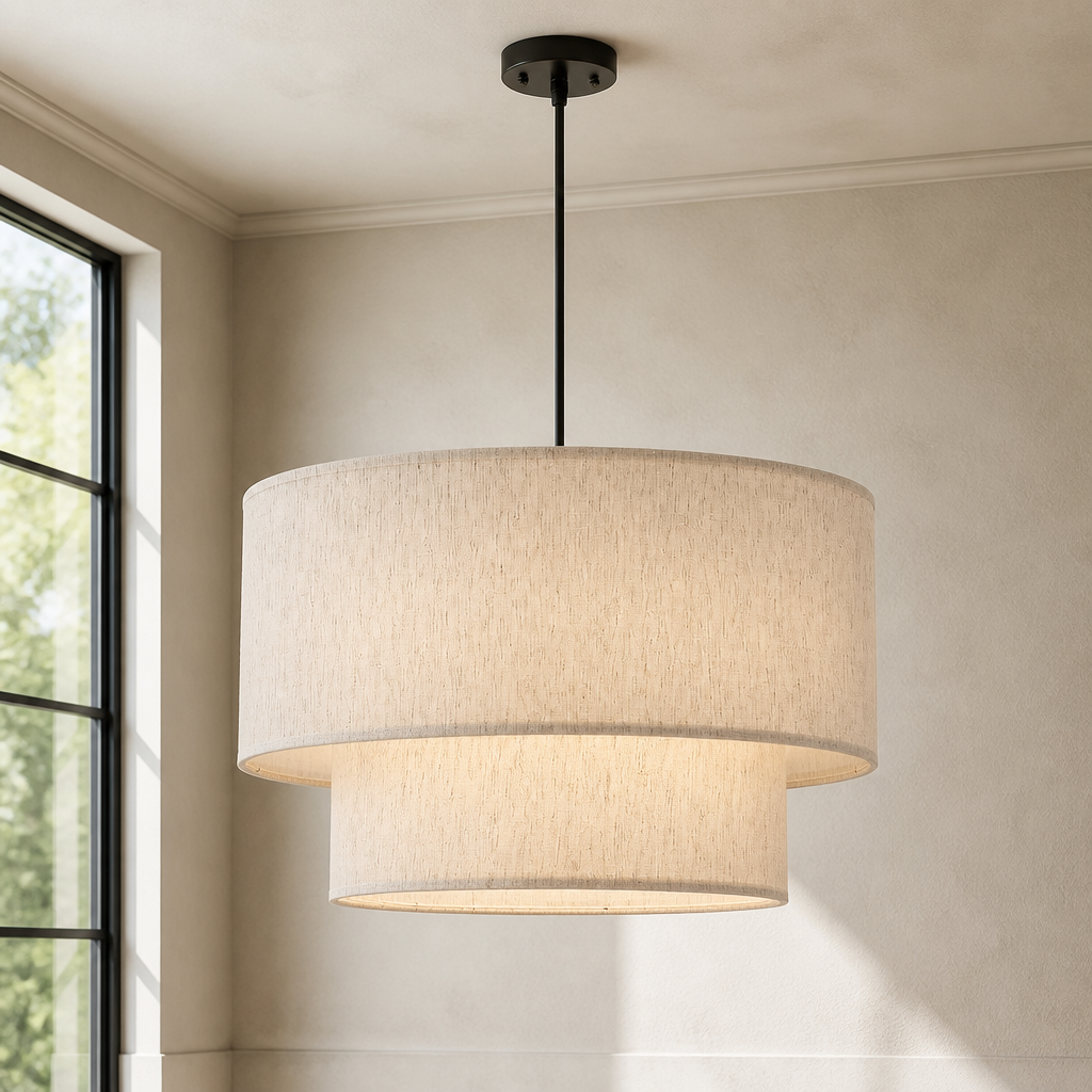 Fabric Farmhouse Linen Pendant Light, double drum oatmeal linen shade with matte black canopy