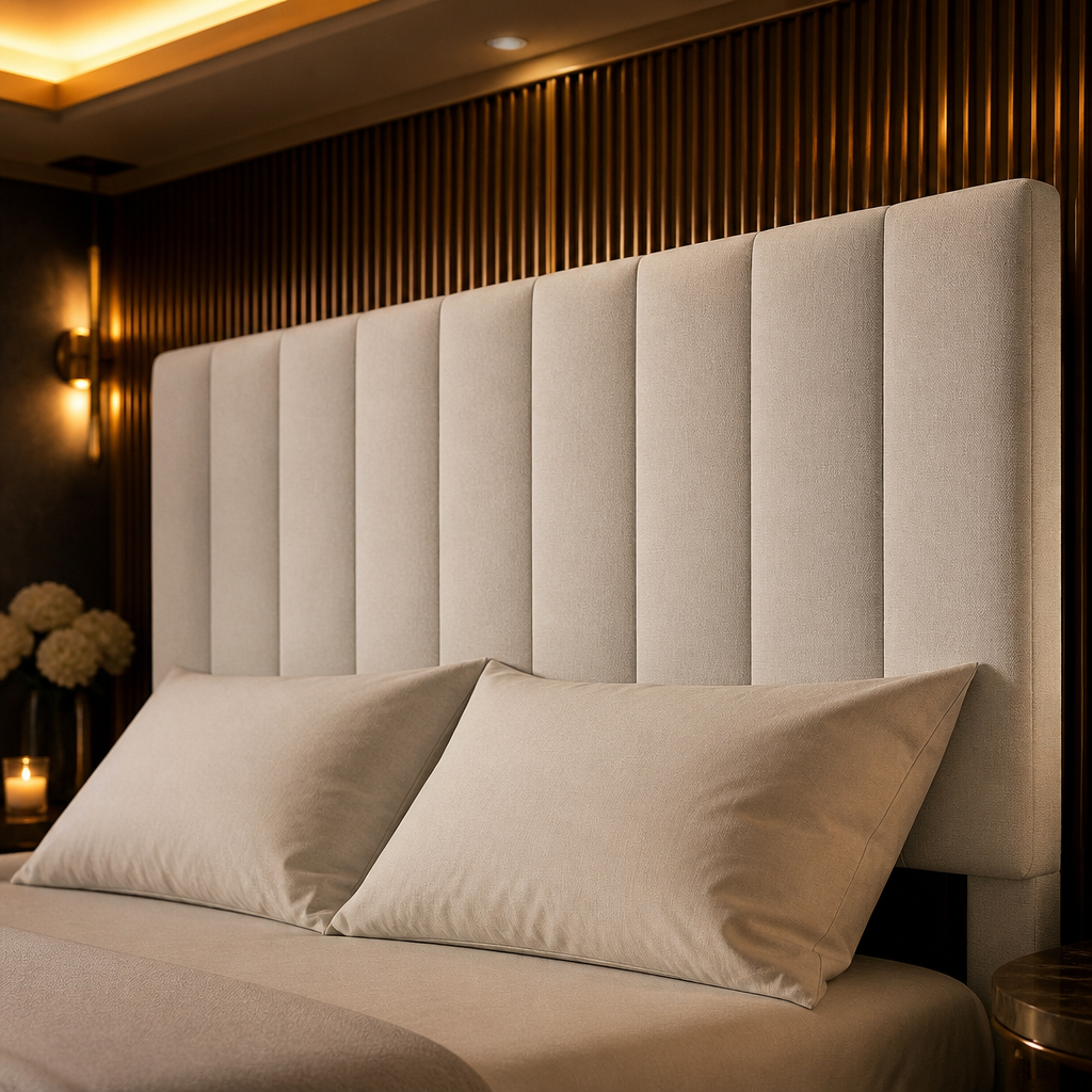 Close detail of the vertical channel tufting on the linen beige upholstered bed headboard