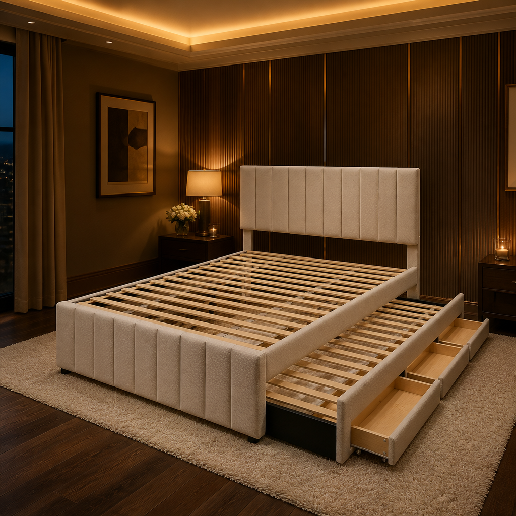 Linen beige bed frame with pull out trundle platform and storage drawer open, slat deck visible